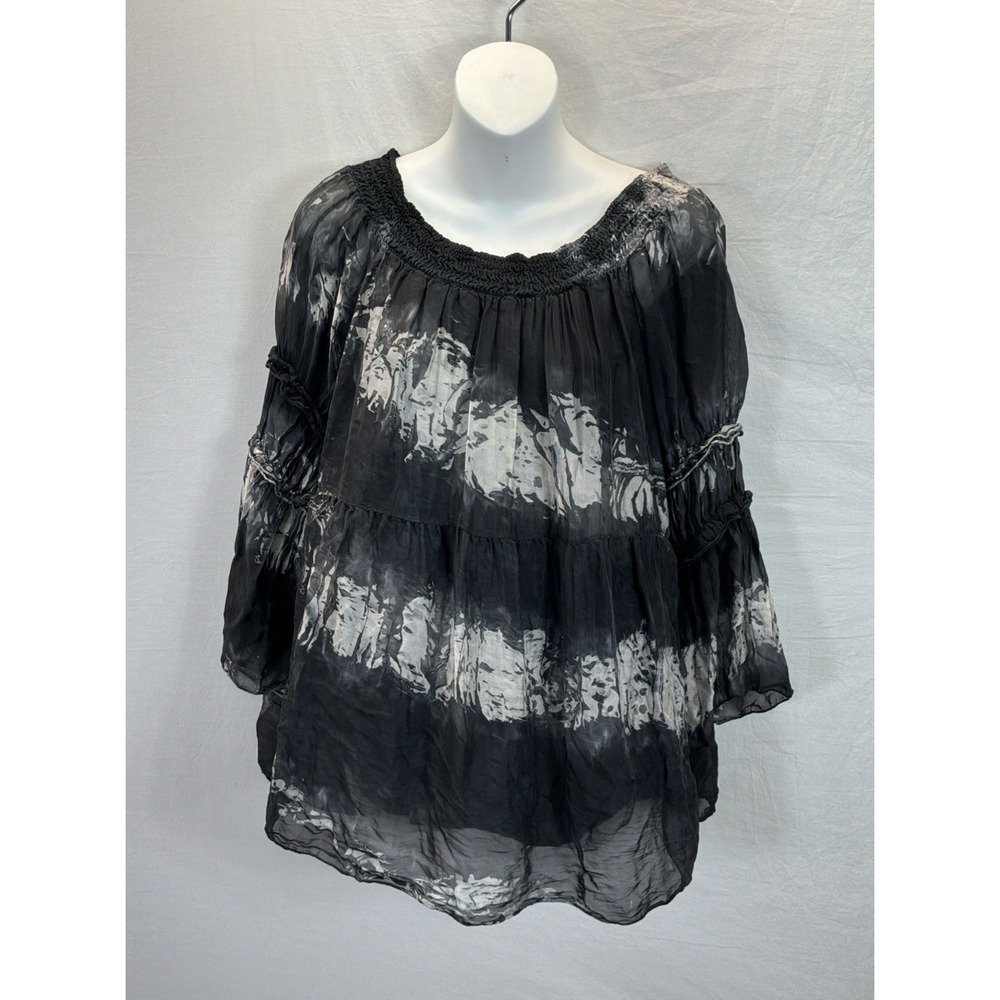 Tempo Paris Silk Overlay Splash Floral Top Sz M/L Black  Artsy Fairy Italy Bell
